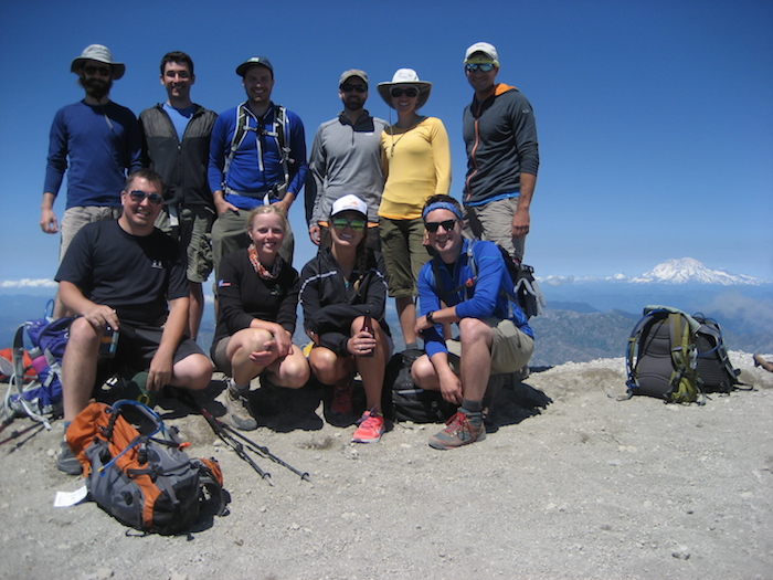 Emily, Mark and some homies hiked up to the top of Mt. St. Helens. For added challenge, Mark made sure not to do any exercise or eat anything healthy for several months beforehand. You can tell which ones are Emily and Mark because they're the ones drinking beers. - Mark