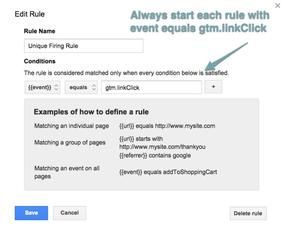 firing rule equals gtm.linkClick