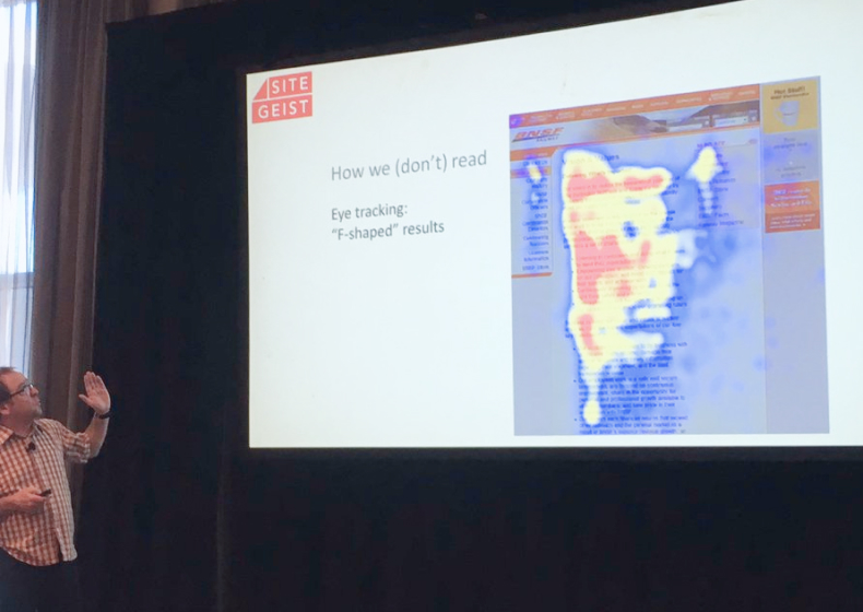 Photo of eye tracking results showing users read in f-shaped pattern.